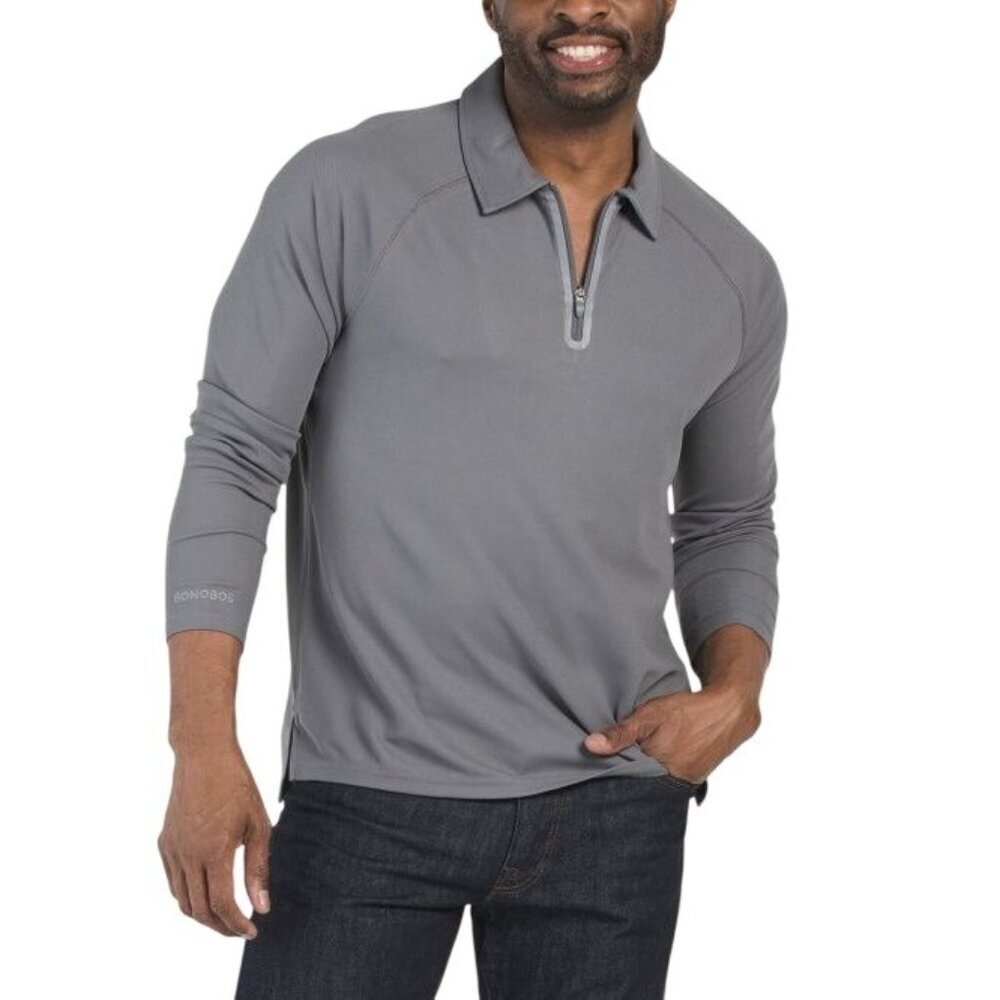 Bonobos Mens Gray Quarter Zip Long Sleeve Collared Golf Polo Shirt Sz M New